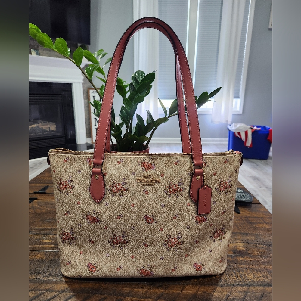 Coach Beige Tote with Floral Design